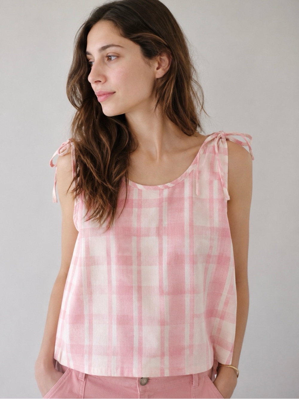 Madewell Petal Plaid Crop Swing Tank Top Pink Tie Shoulder Small